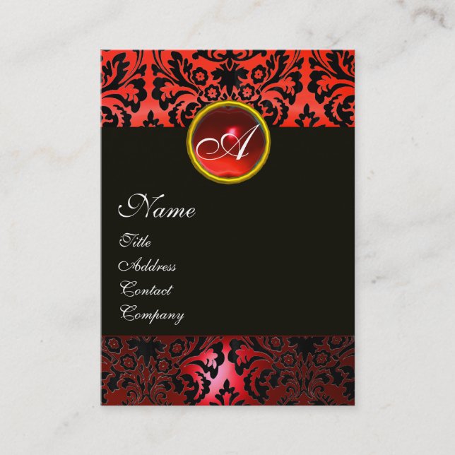 BLACK RED DAMASK FLORAL MONOGRAM ,Ruby Gemstone Business Card (Front)