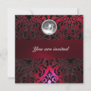 BLACK & RED DAMASK GEM STONE MONOGRAM burgundy Invitation