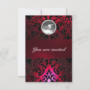 BLACK & RED DAMASK GEM STONE MONOGRAM burgundy Invitation