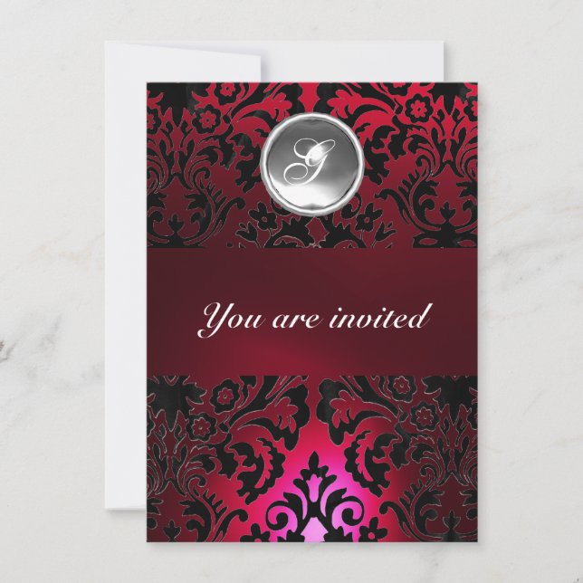 BLACK & RED DAMASK GEM STONE MONOGRAM burgundy Invitation (Front)