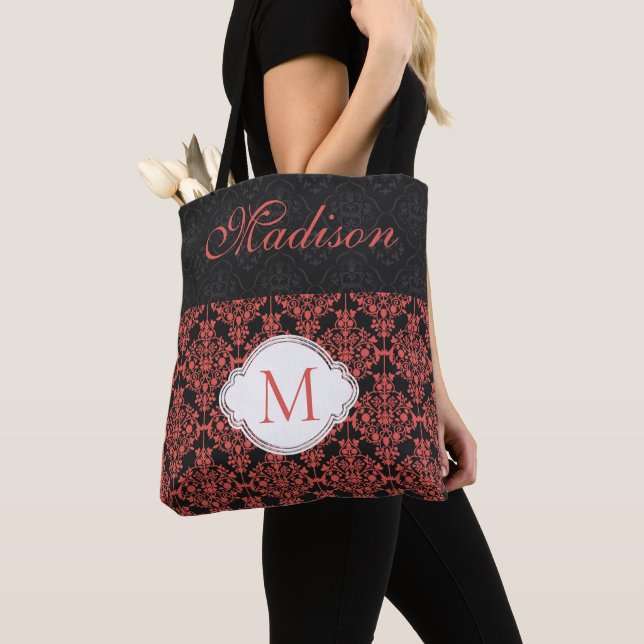 Black Red Damask Girly Trendy Initial Monogram Tote Bag (Close Up)