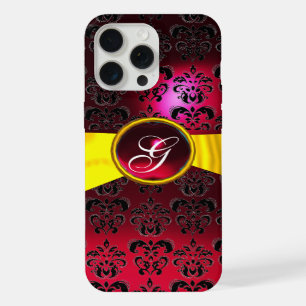 BLACK RED DAMASK MONOGRAM Gold Yellow Ribbon iPhone 15 Pro Max Case