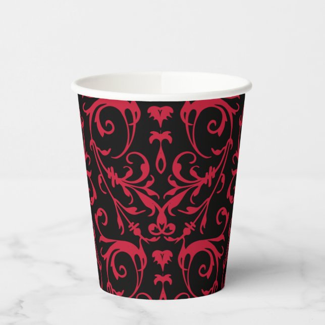 Black Red Damask Pattern Paper Cup (Left)