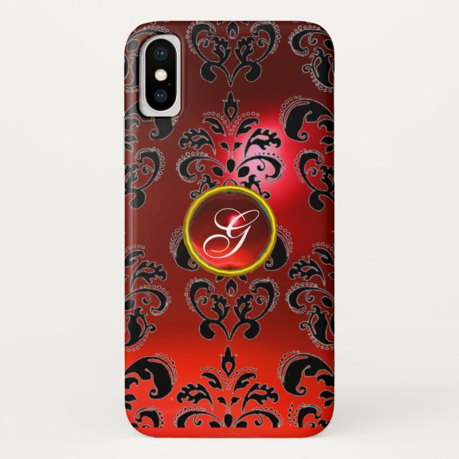 BLACK RED DAMASK RUBY GEMSTONE MONOGRAM Case-Mate iPhone CASE (Back)