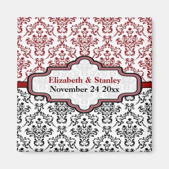 Black red damask wedding Save the Date magnet (Front)