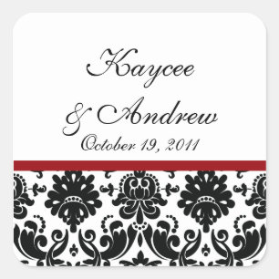 Black & Red Damask Wedding Square Sticker