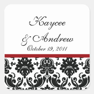 Black & Red Damask Wedding Square Sticker