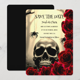 Black red Dark Gothic Skull and Roses Halloween Save The Date