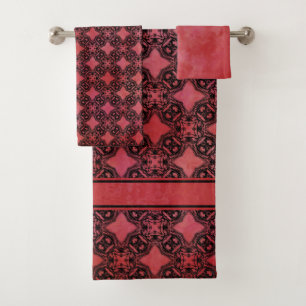 Black & Red Diamond Chains Pattern Bath Towel Set