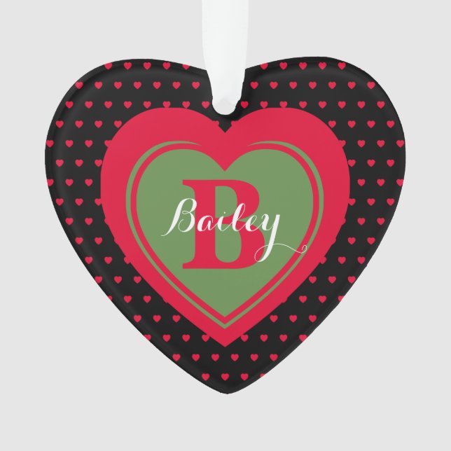 Black & Red Dotted Hearts Personalized Keepsake Ornament (Front)