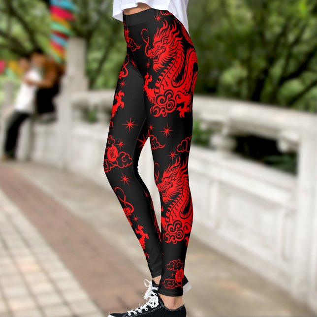 Black Red Dragon Chinese Lunar New Year Modern Leggings (LINK FOR 2026 YEAR OF THE HORSE: www.zazzle.com/collections/119527212422228266)