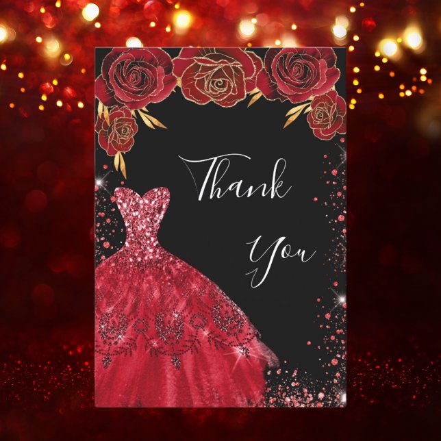 Black red dress florals glitter birthday thank you card (Creator Uploaded)