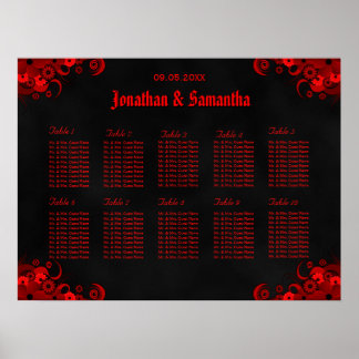Black & Red Floral 10 Wedding Tables Seating Chart