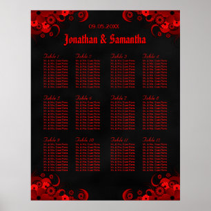 Black & Red Floral 12 Wedding Table Seating Chart