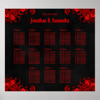 Black & Red Floral 13 Wedding Tables Seating Chart