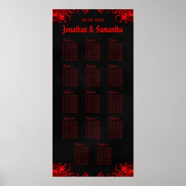 Black & Red Floral 14 Wedding Tables Seating Chart (Front)