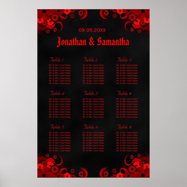 Black & Red Floral 9 Wedding Tables Seating Charts (Front)