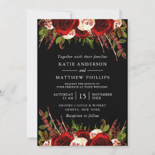 Black Red Floral Boho Wedding Invitation