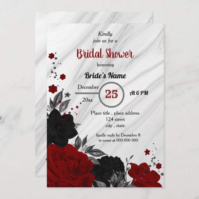 Black & red floral bridal shower invitation (Front/Back)