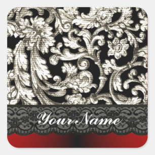 Black & red floral damask pattern square sticker