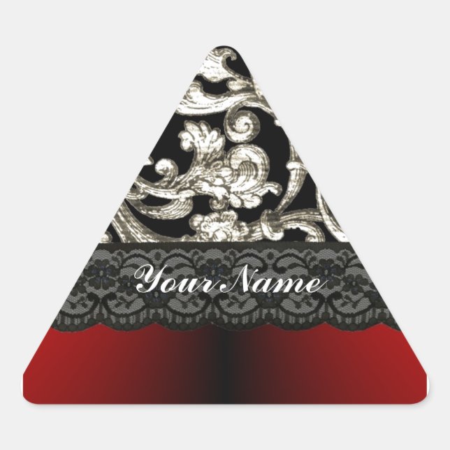 Black & red floral damask pattern triangle sticker (Front)