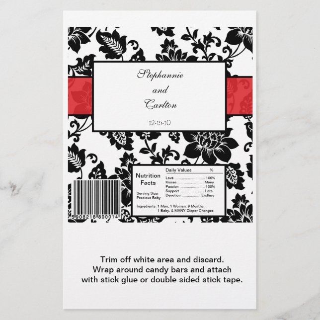 Black/Red Floral Damask Wedding Candy Wrapper (Front)