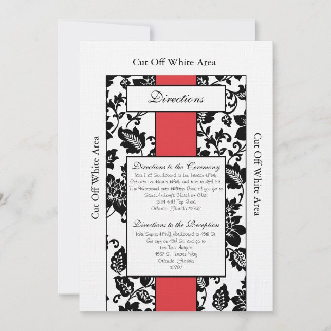 Black/Red Floral Damask Wedding Directions Card (Front)