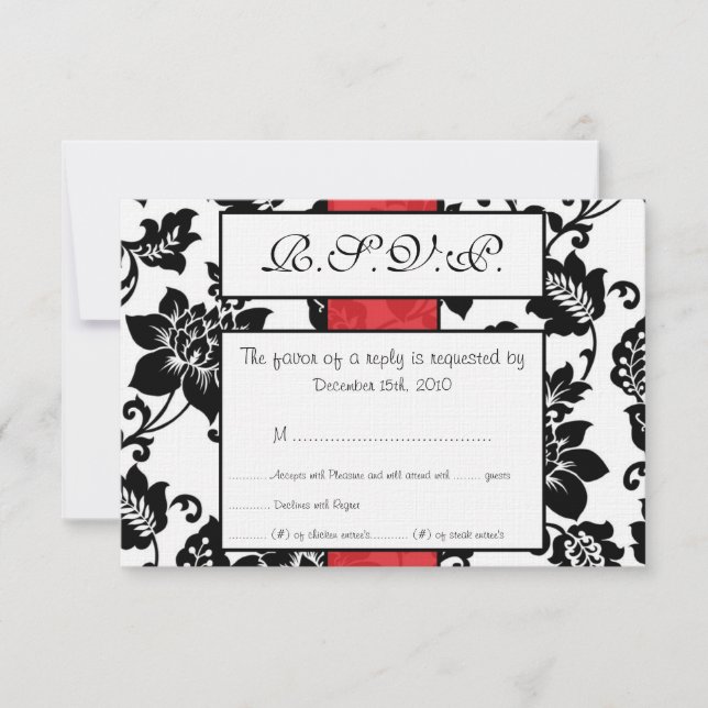 Black/Red Floral Damask Wedding RSVP Card (Front)