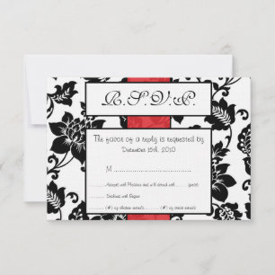 Black/Red Floral Damask Wedding RSVP Card