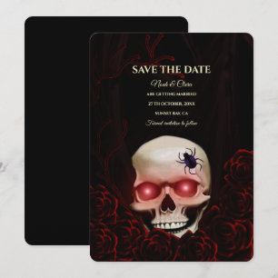 Black red floral dark moody gothic skull halloween save the date