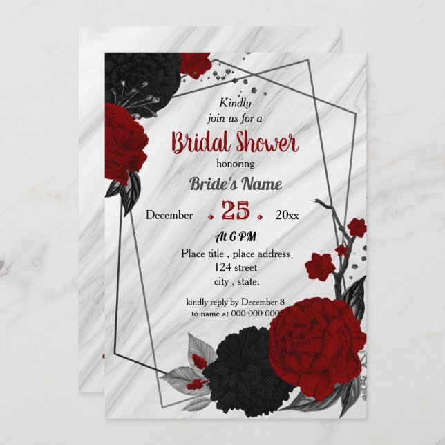 Black & red floral geometric bridal shower invitation (Front/Back)