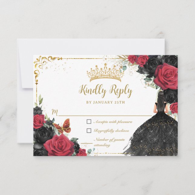 Black Red Floral Gold Princess Gown Quinceañera RSVP Card (Front)