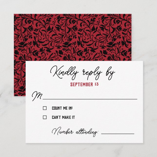 Black Red Floral Goth Wedding RSVP Card (Front/Back)