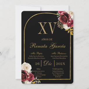 Black red floral quinceañera invitation