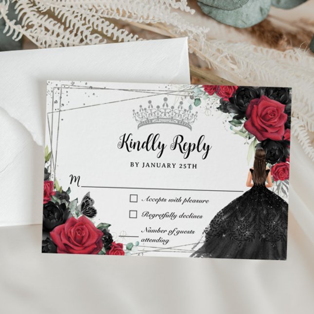 Black Red Floral Silver Princess Gown Quinceañera RSVP Card (Creator Uploaded)