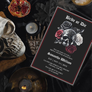 Black Red Floral Skull Halloween Bridal Shower Invitation