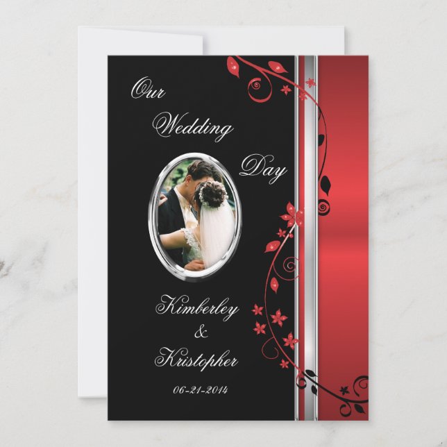 Black & Red Floral Wedding Photo Invitations (Front)