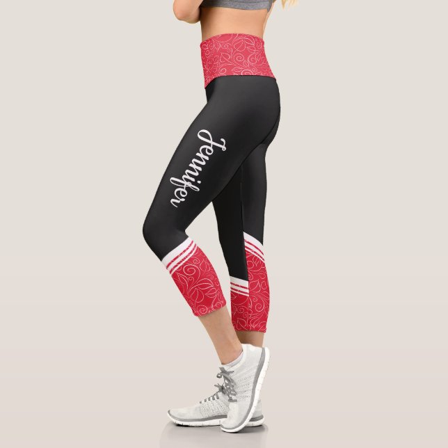 black & red floral white stripes and name modern capri leggings (Left)