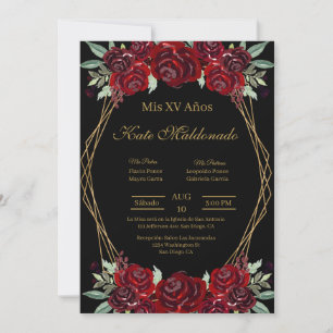 Black Red flower Quinceanera invitation