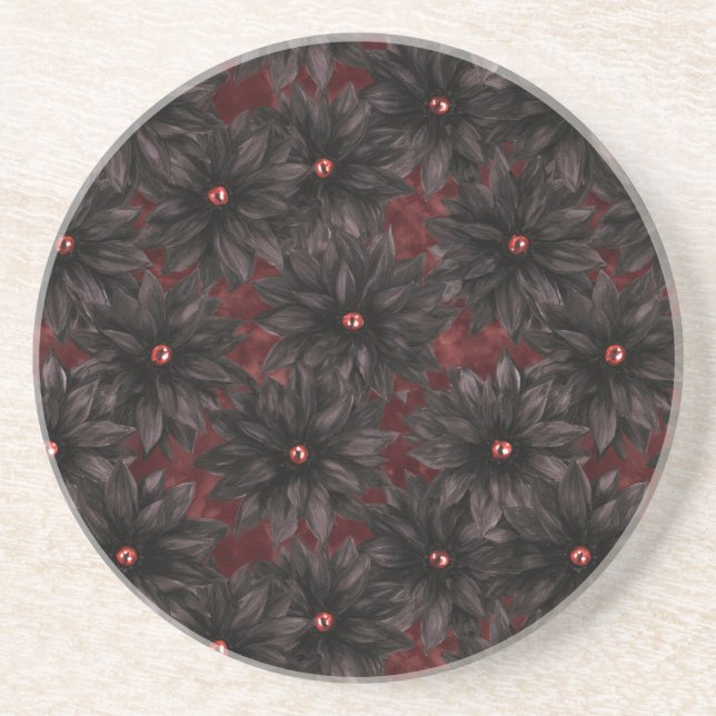 Black Red Flowers Coaster (Front)