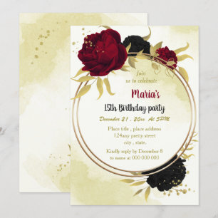 black red flowers gold leaves birthday invitation