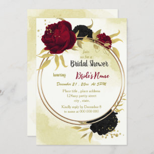 black red flowers gold leaves bridal shower invitation