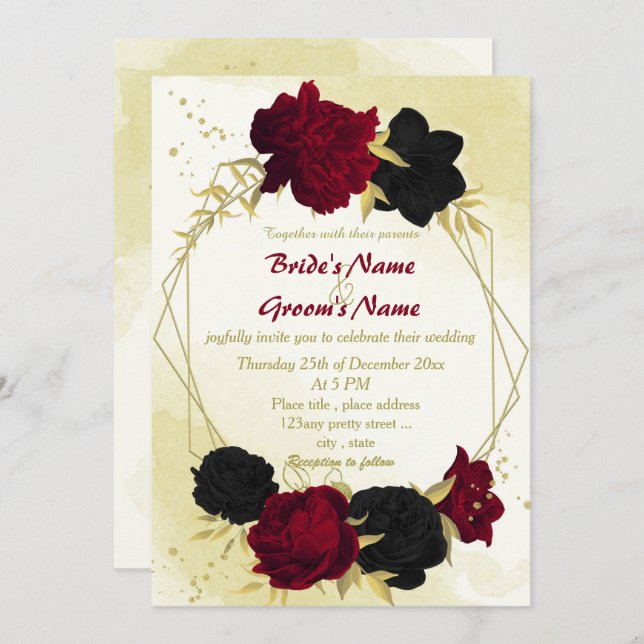 black red flowers gold leaves geometric wedding invitation (Front/Back)