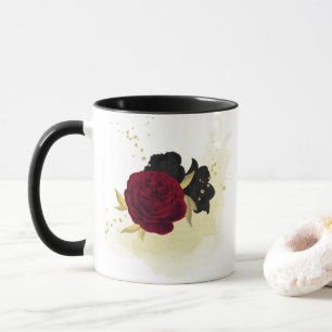 black red flowers gold leaves mug