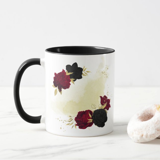 black red flowers gold leaves mug (With Donut)