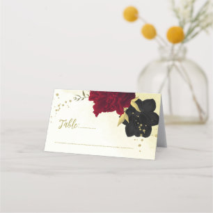 black red flowers gold leaves place card