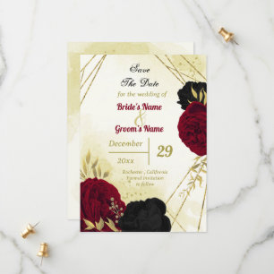 black red flowers gold leaves save the date
