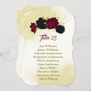 black red flowers gold leaves seating chart card