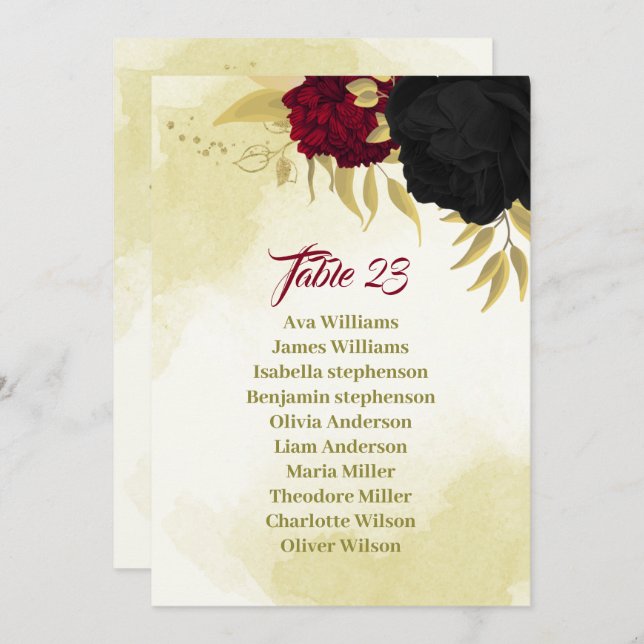 black red flowers gold leaves seating chart card (Front/Back)