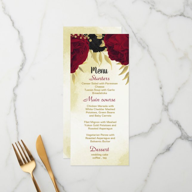 black red flowers gold leaves wedding menu (Front/Back In Situ)